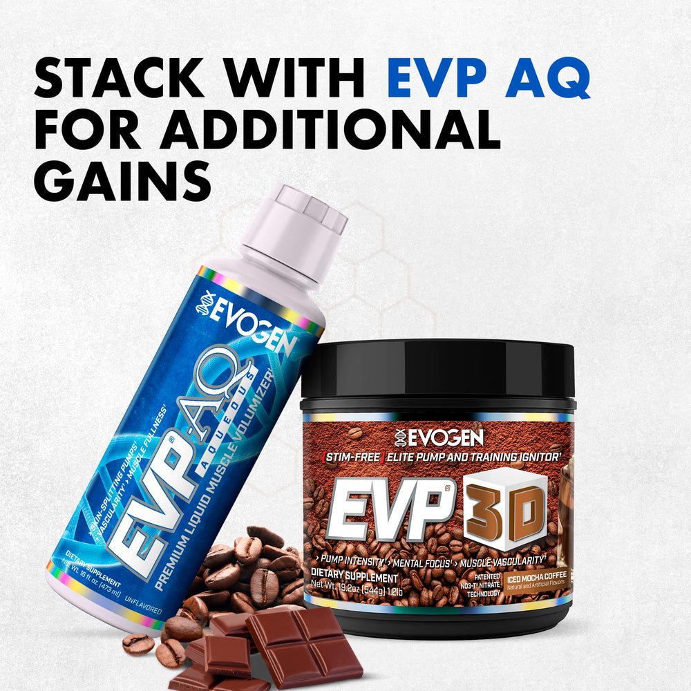 Prominent pump and focus concept for Evogen EVP 3D pre-workout.