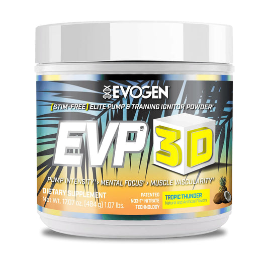 Evogen EVP 3D Tropic Thunder bottle highlighting non-stim, sugar-free pre-workout for focused sessions.