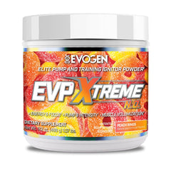 Evogen EVP Xtreme NO peach rings bottle front shows a sugar-free pre-workout option for clean energy and pump.