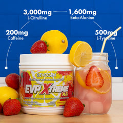 Evogen EVP Xtreme NO strawberry lemonade in glass hints refreshing pre-workout ritual