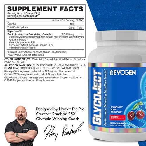 Evogen GlycoJect tub-front packaging: premium carbohydrate powder for pre or post workouts.