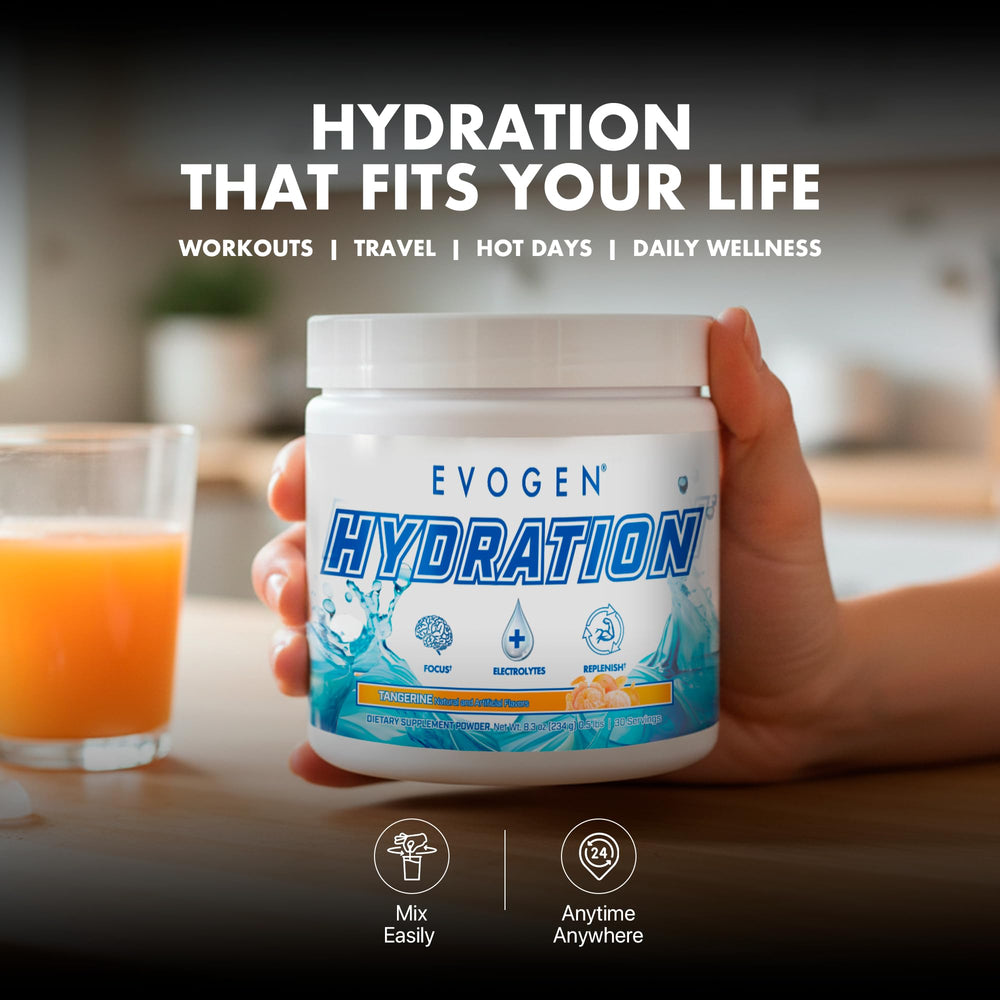 Label design of Evogen Hydration citrus flavor suggesting refreshing recovery