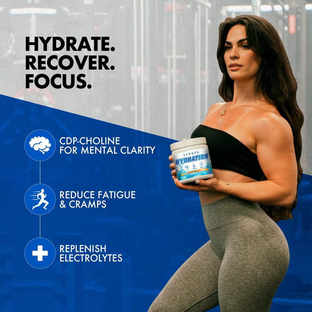 Close-up of Evogen Hydration ingredients label with full-spectrum electrolytes and B vitamins