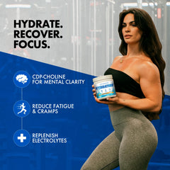 Close-up of Evogen Hydration ingredients label with full-spectrum electrolytes and B vitamins