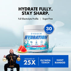 Closeup of Evogen Hydration tub label highlighting minerals and keto-friendly formula
