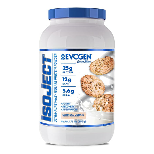 Evogen Isoject whey protein isolate tub highlights premium purity for fast absorption and easy mixing.