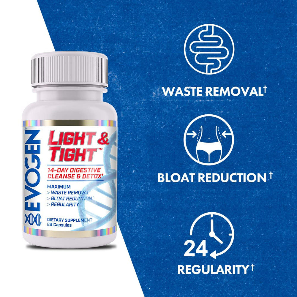 Evogen Light & Tight digestive cleanse scene suggests fast-acting waste flush.