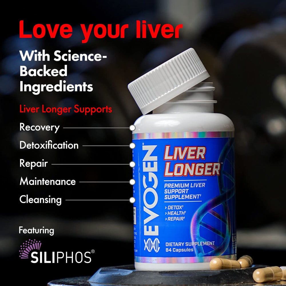 Evogen Liver Longer bottle being poured with capsules for on-the-go daily support.