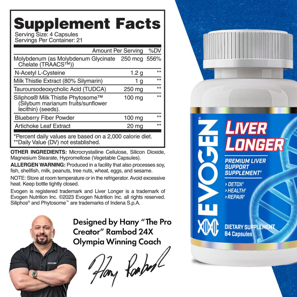 Evogen Liver Longer capsules close-up highlighting daily detox and liver health potential.