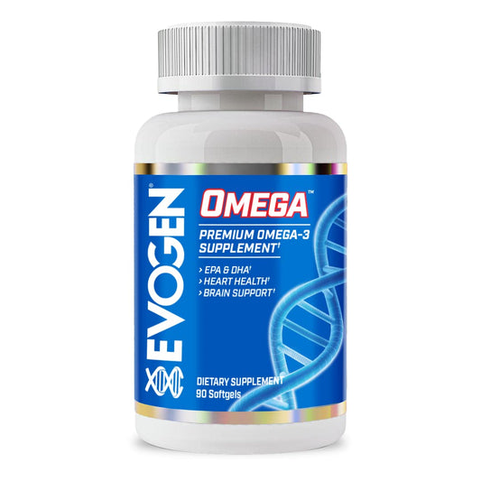 Evogen Omega Fish Oil bottle highlighting premium omega-3 formula for general health support.