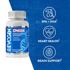 Evogen Omega Fish Oil label detailing purity and quality assurance.