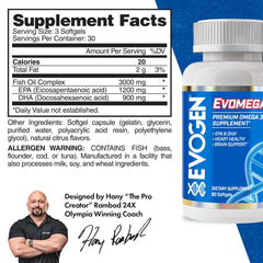 Closeup of Evogen Omega Fish Oil softgels for daily wellness and mobility.