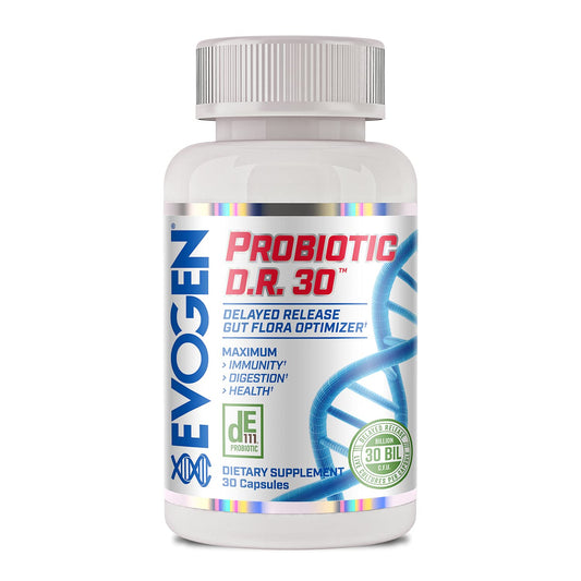 Evogen Probiotic D.R. 30 bottle front showing 30B CFUs for gut support.