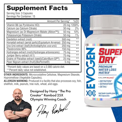 Evogen Super Dry bottle on desk highlights natural diuretic ingredients supporting hydration balance.