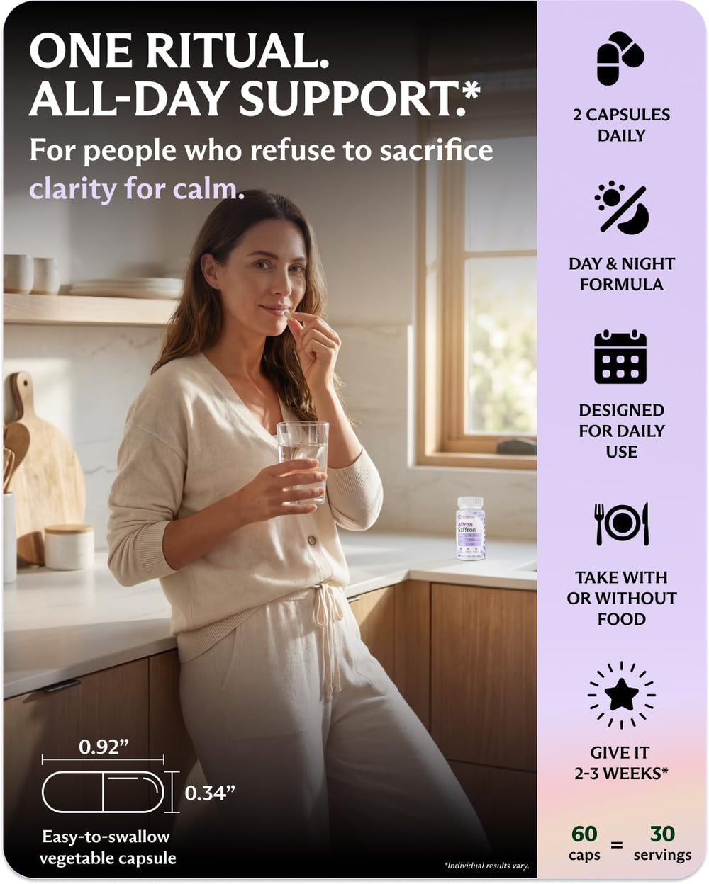 Evolance L-Theanine capsules promoting calm daytime focus.