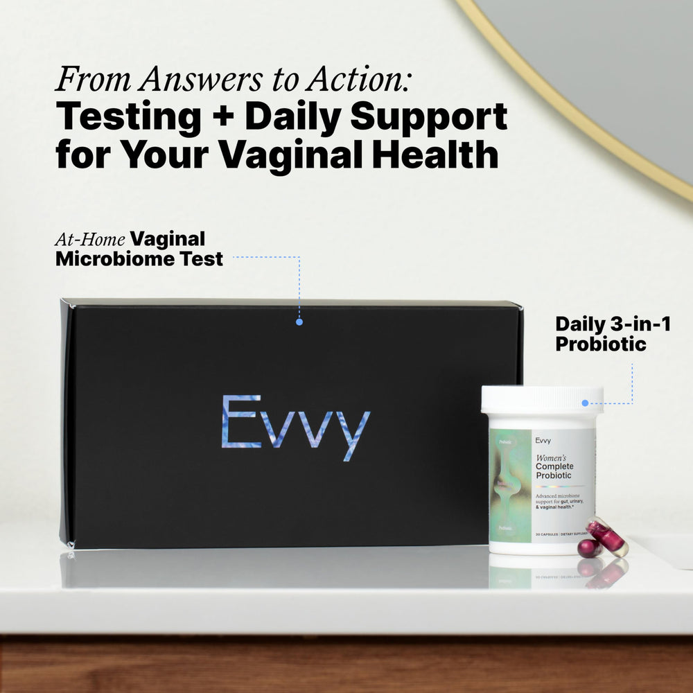 Evvy vaginal health strains label indicating science-backed ingredients.