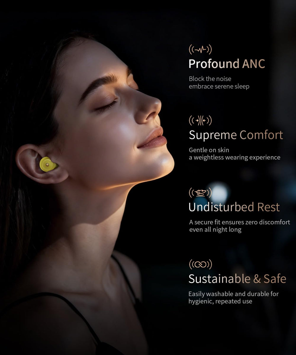 EXOVOW 45dB feature illustrates robust noise reduction for quiet sleep.