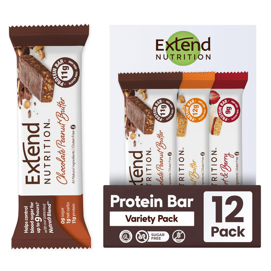 Extend Bar sugar-free protein bar variety pack front highlights clean nutrition for on-the-go energy.