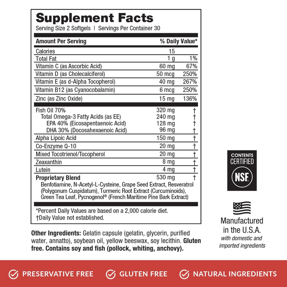 Daily dosage illustration shows two softgels with a meal
