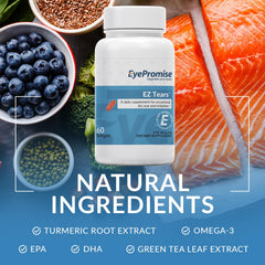 EyePromise EZ Tears label close-up featuring primrose oil and turmeric root extract.