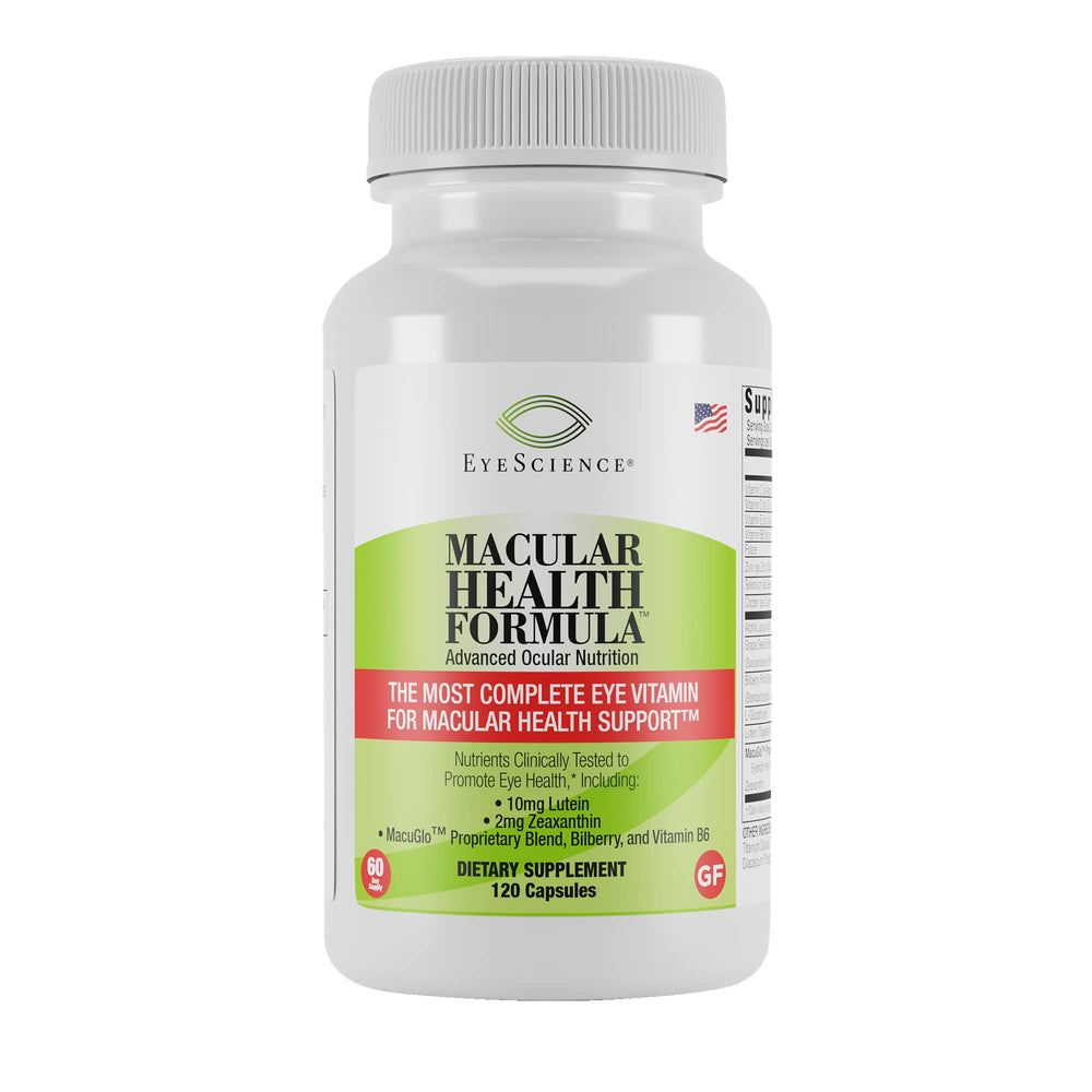 EyeScience Macular Health bottle front on a clean surface for daily eye wellness