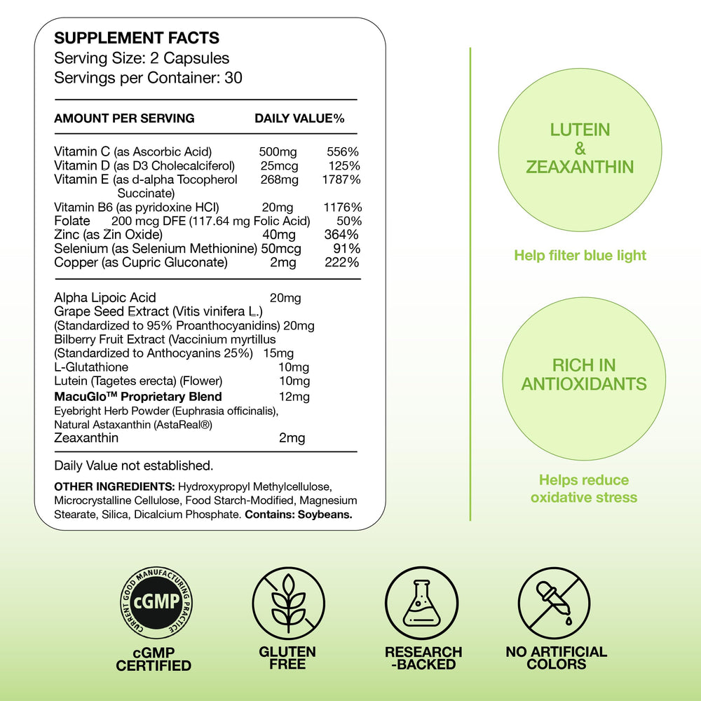 EyeScience Macular Health pour showing two capsules per serving