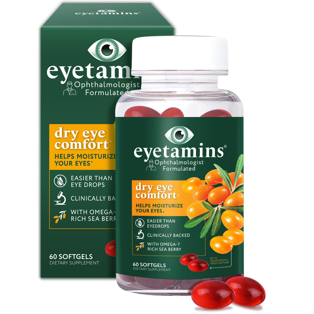 eyetamins Dry Eye Comfort bottle with capsules highlighting daily eye hydration.