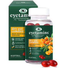 eyetamins Dry Eye Comfort bottle with capsules highlighting daily eye hydration.