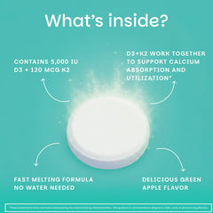 EZ Melts bottle with green apple label highlighting D3 and K2.