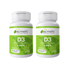 EZ Melts packaging with 180 dissolvable D3 tablets for daily wellness.
