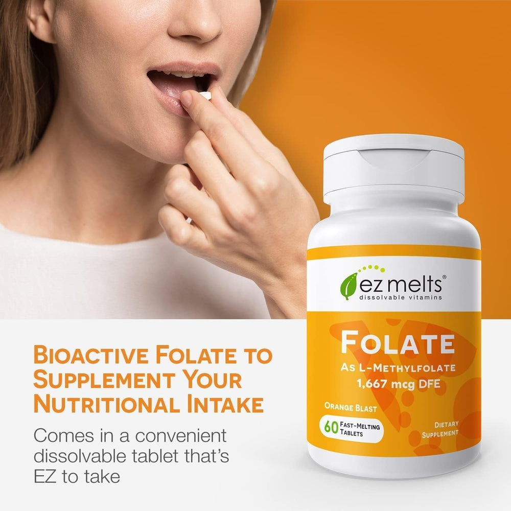 EZ Melts Folate bottle showing vegan and non-GMO labeling for dairy- and gluten-free benefits.