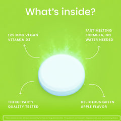 EZ Melts green apple tablet in mouth with fast taste release.
