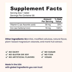 EZ Melts Iron bottle label close-up highlighting vegan and non-GMO benefits.