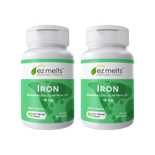 EZ Melts Iron dissolvable tablet front view for easy daily energy support.