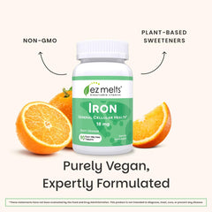 EZ Melts Iron vegan non-GMO badge image communicates clean supplement choices.