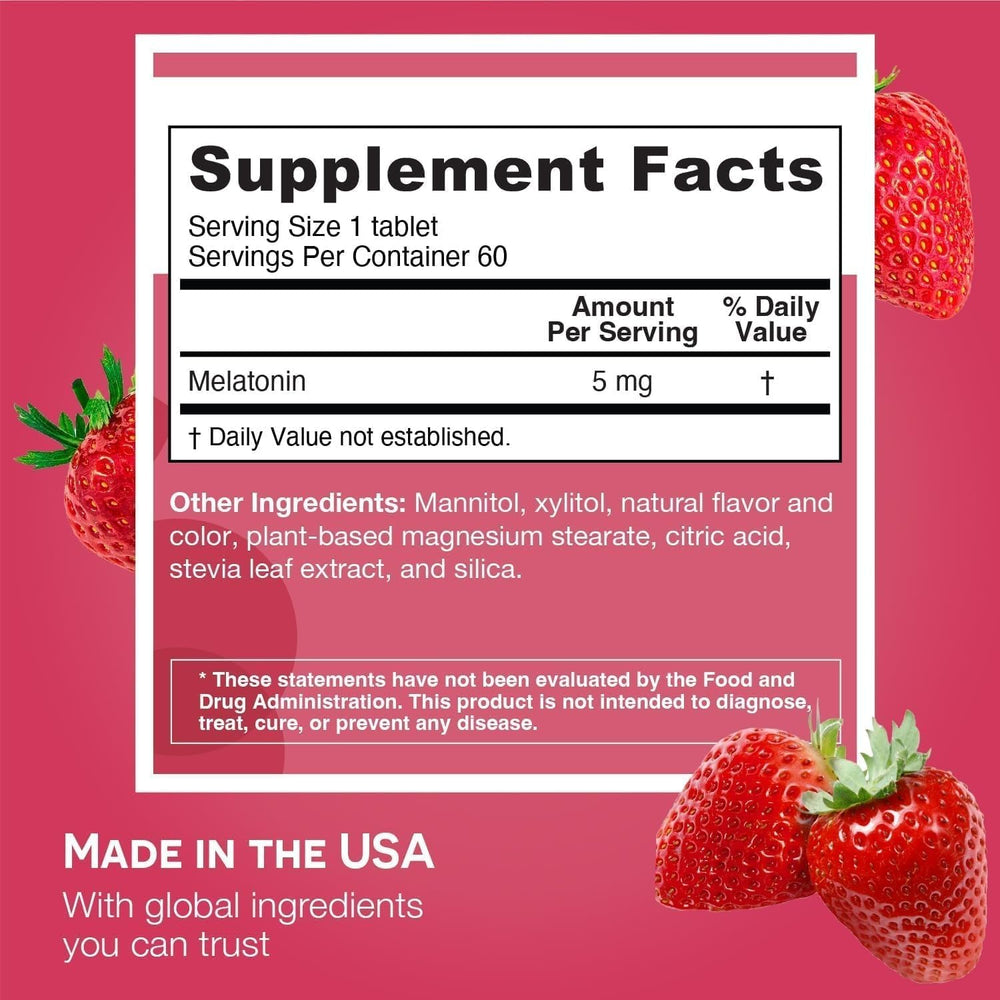 EZ Melts Melatonin bottle closeup highlights gluten-free, sugar-free formula.