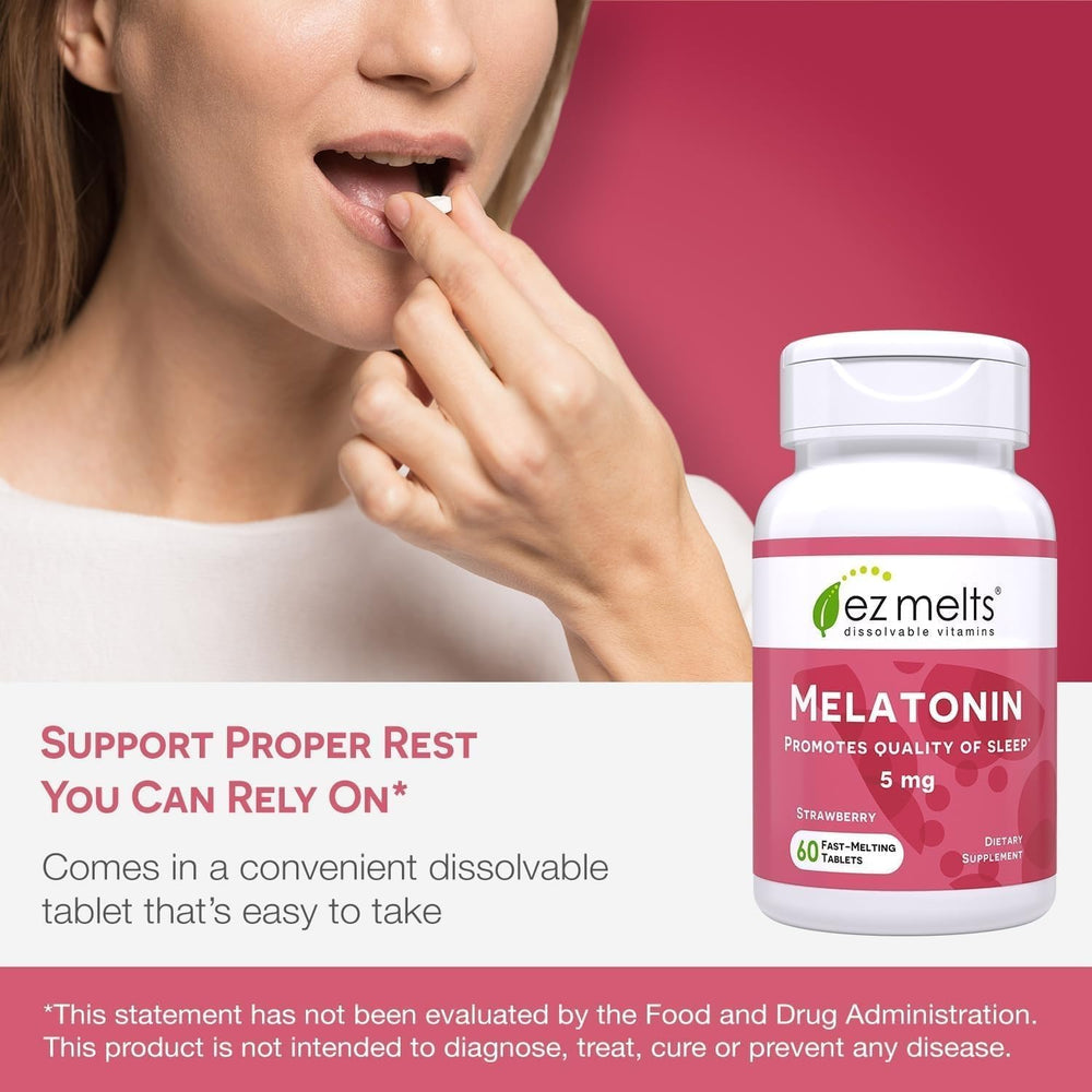 EZ Melts Melatonin serving suggestion highlights quick, chew-free consumption.