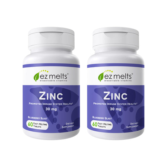 EZ Melts Zinc Blueberry Blast bottle showing dissolvable tablets for easy daily use