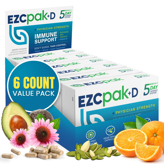 EZC Pak bottle close-up for daily immune support with high-dose formula.