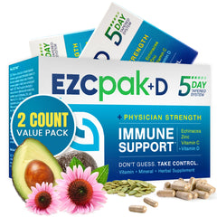 EZC Pak 5-Day bottle pour showing easy daily dosing for immune support