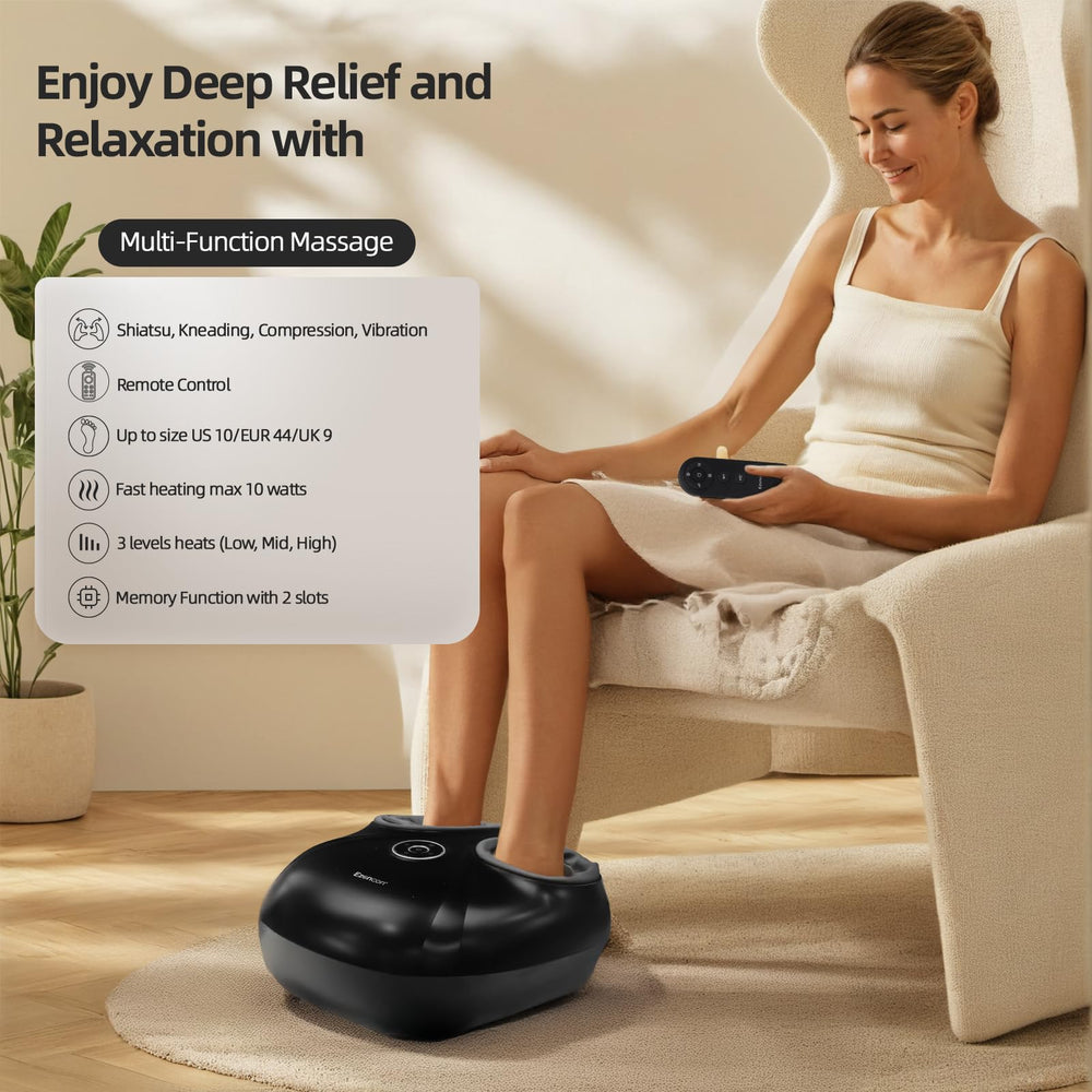 Ezencon foot massager with remote control enables easy mode and heat adjustments.