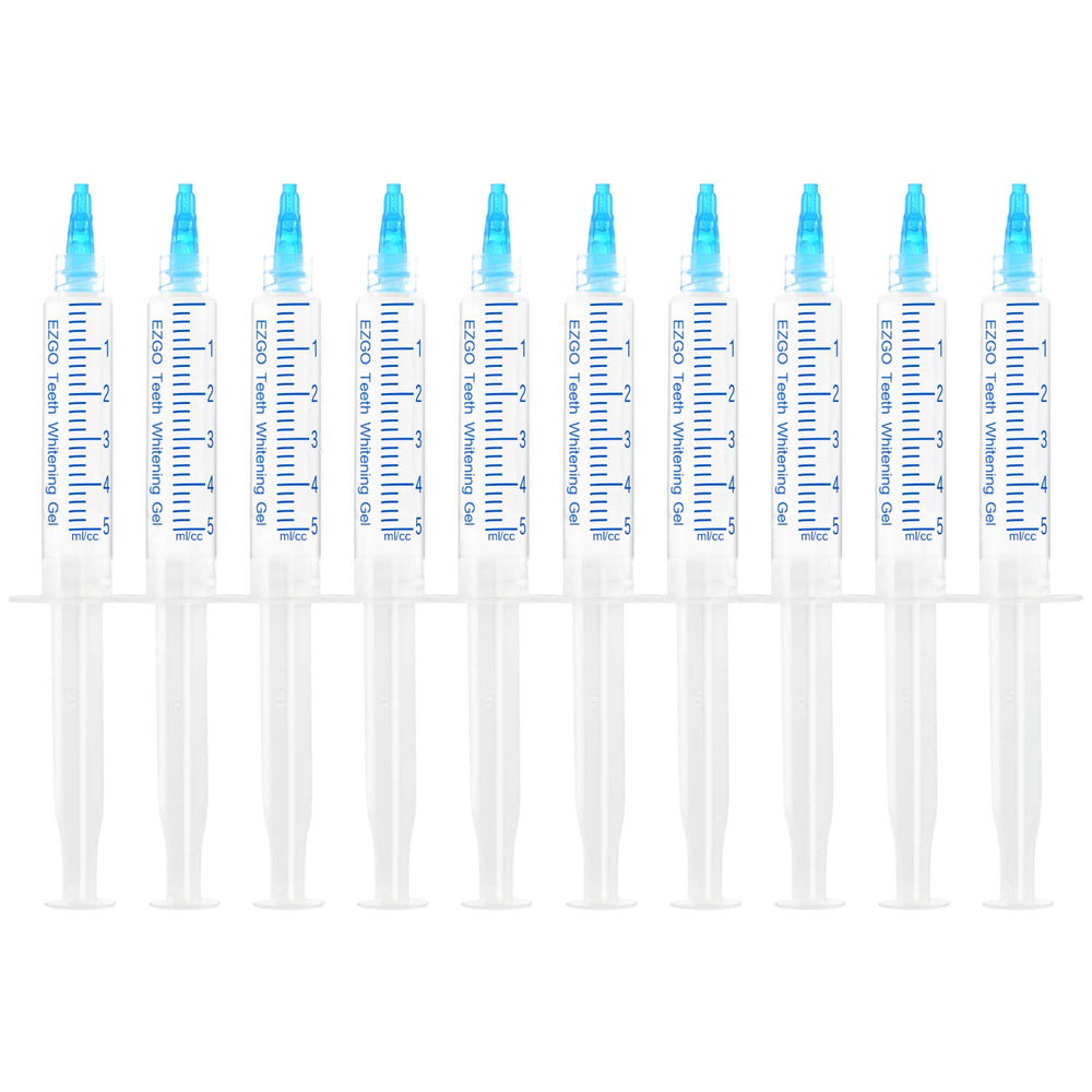 EZGO ten-pack teeth whitening gel refills shown in compact tubes for convenient home whitening.