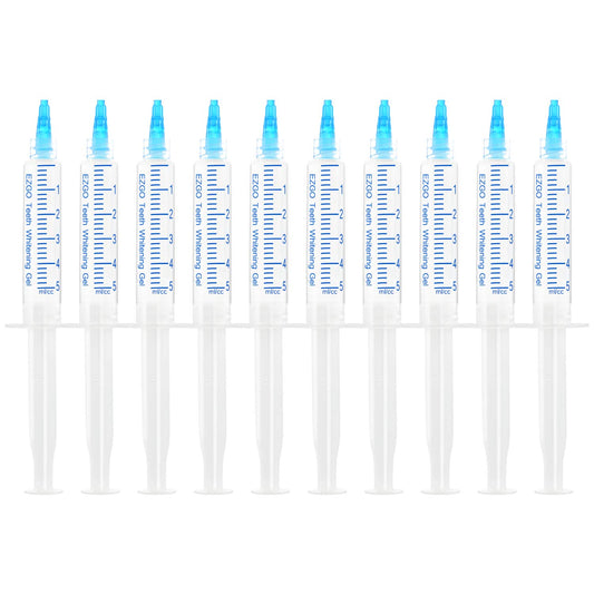 EZGO ten-pack teeth whitening gel refills shown in compact tubes for convenient home whitening.