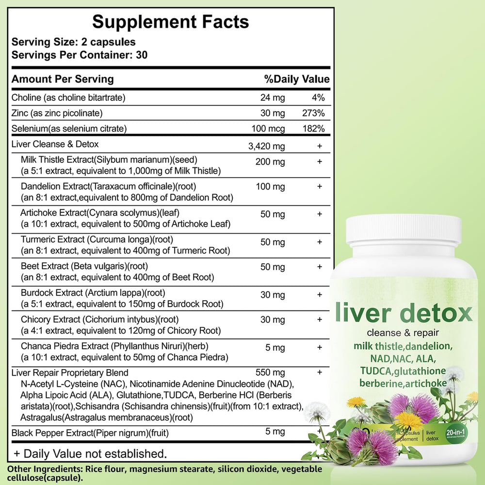 EZTZMCN Liver Detox bottle with non-GMO logo and gluten-free claim.