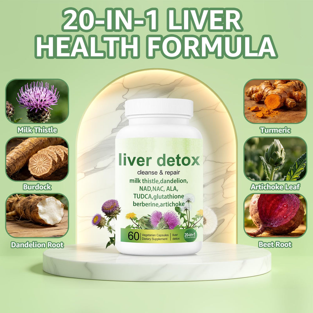 EZTZMCN Liver Detox capsules close-up shows herbal blend.