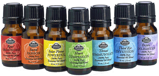 Fabulous Frannie Chakra Set seven bottles close-up demonstrates mood balance and ambient aroma.