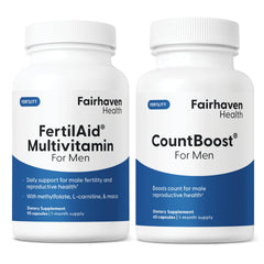 Fairhaven Health FertilAid for Men Countboost combo bottle front shows preconception support packaging