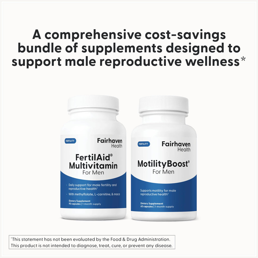Fairhaven Health FertilAid MotilityBoost combo packaging interior showing included items.