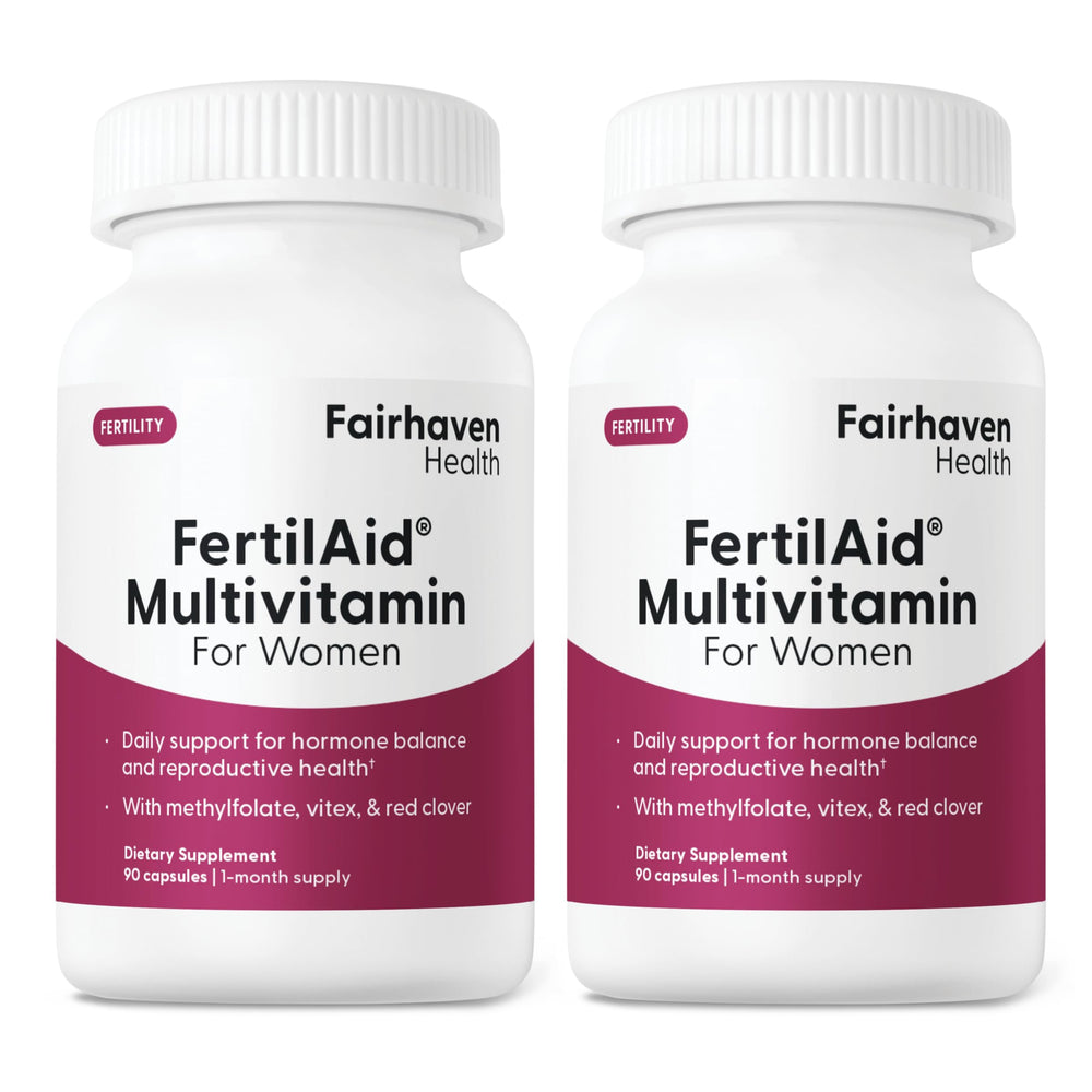 Fairhaven Health FertilAid for Women bottle front highlights fertility support ingredients