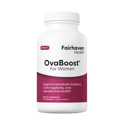 Fairhaven Health Ovaboost bottle with capsules ready for daily fertility support.